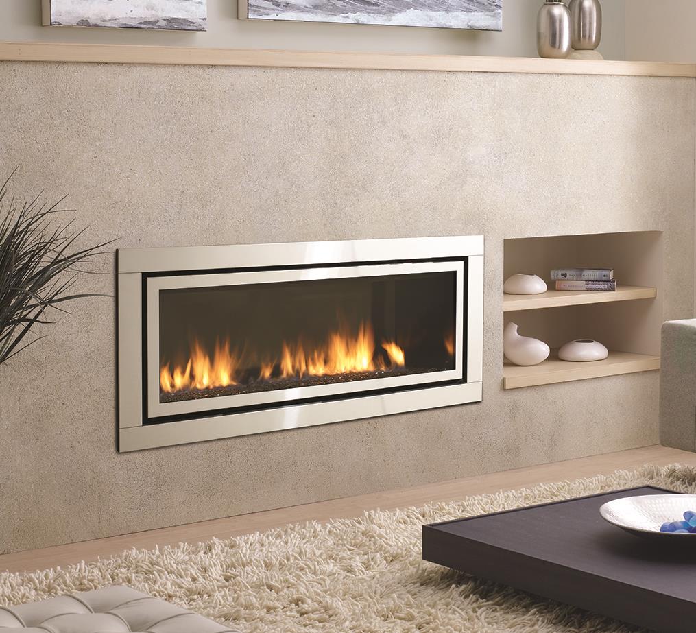 Horizon HZ54E direct vent gas fireplace with brushed stainless steel inner frame and surround, black crystals, and black enamel reflective panels.