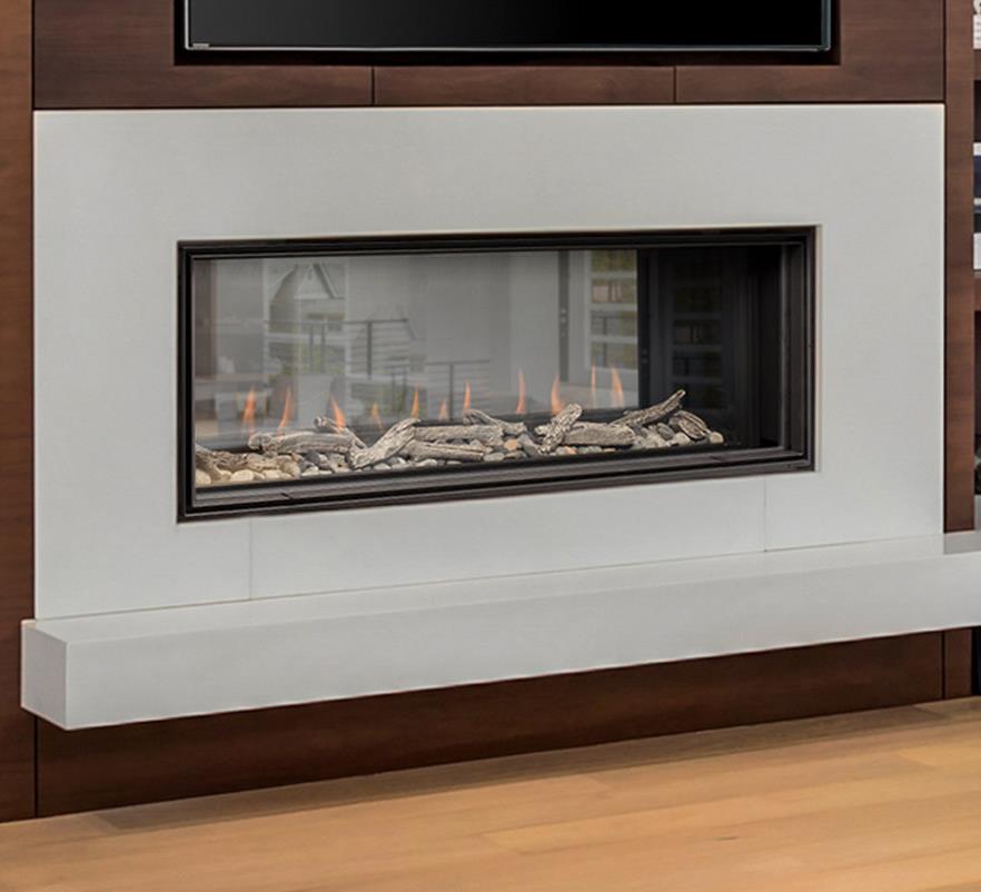 Distinction See-Through modern direct vent gas fireplace in 48" width and driftwood logs.