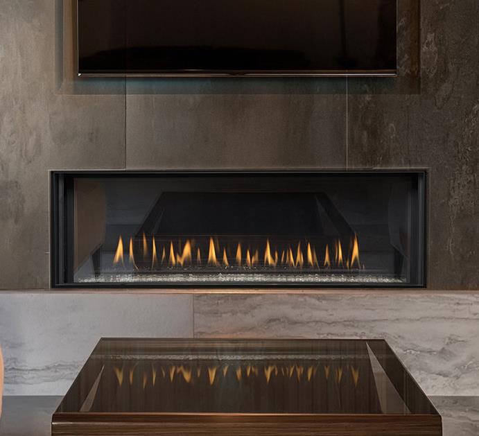 Distinction modern direct vent gas fireplace in 48" width and white glass media.