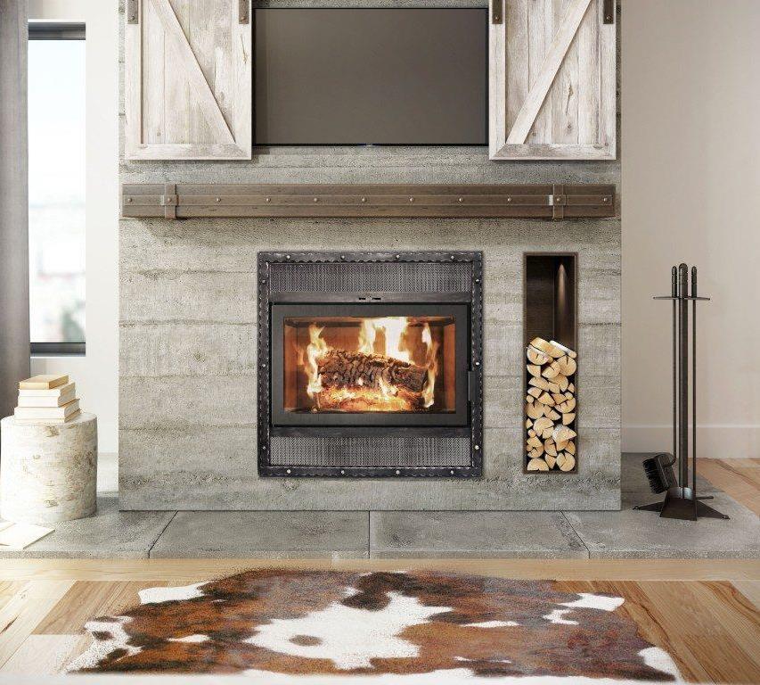 Elegance 36" wood fireplace with rectangular Blacksmith louvred front.