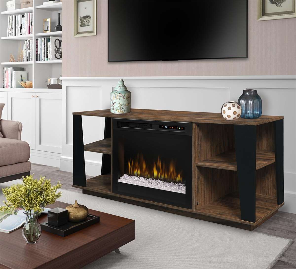 Arlo electric fireplace package with acrylic ice firebed.