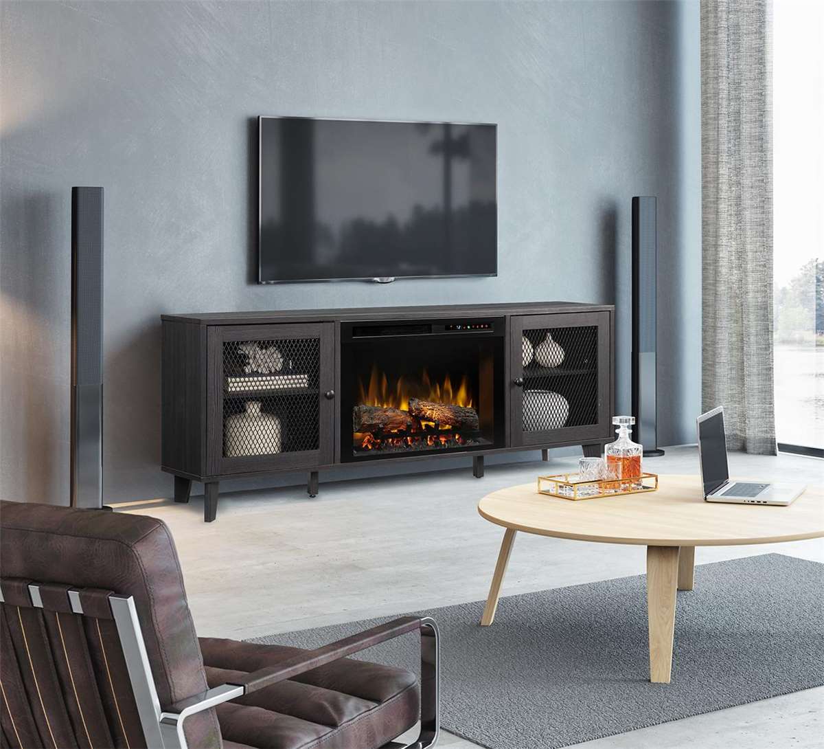 Dimplex Dean media console electric fireplace package with Realogs firebed options.