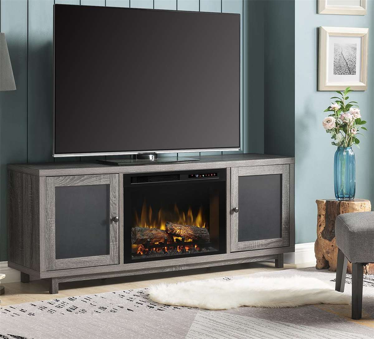 Dimplex Jesse electric fireplace package with chalkboard finish door insert.