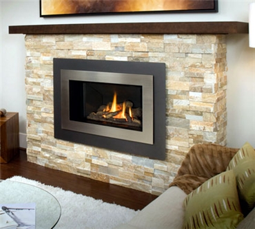 H4 gas fireplace with  Landscape surround and Brushed Nickel inner bezel.