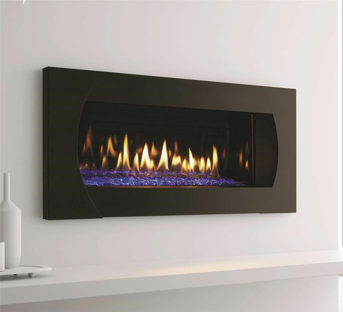 Heat-n-Glo Mezzo 36 direct vent gas fireplace with Quattro front and blue glass media.