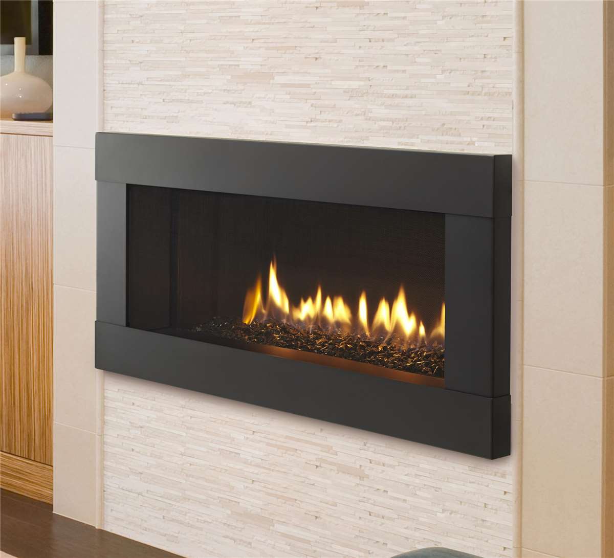 Heatilator Crave 36" gas fireplace with Four Square front and black glass media.