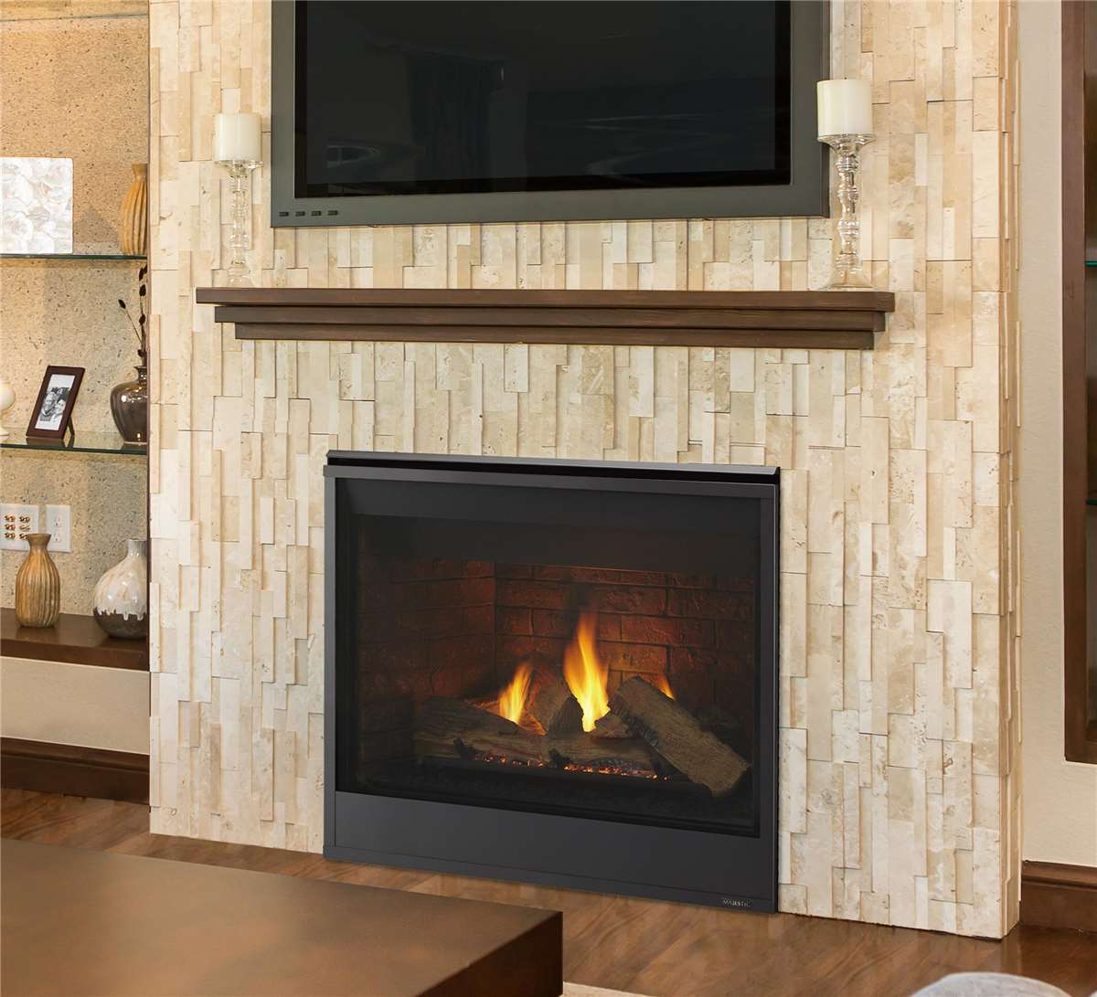 Meridian Series gas fireplace with mesh front and tavern brown brick.