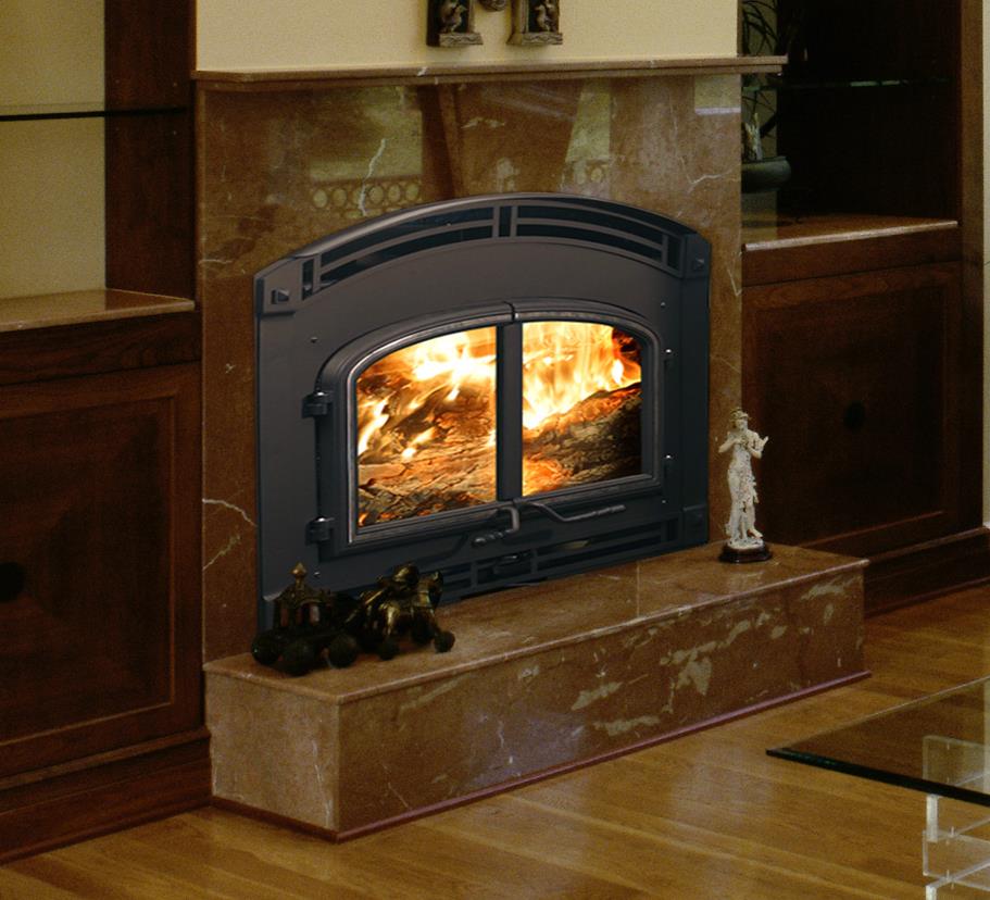 The Quadra-Fire 7100 Wood Fireplace in black Mission front.  This front is also available in gold and nickel finishes.