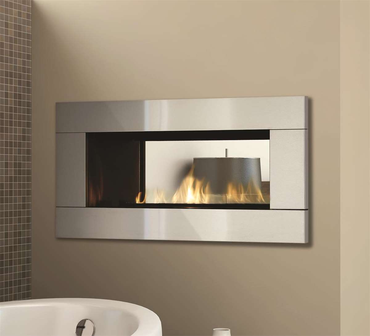 Horizon HZ42STE direct vent see-through gas fireplace with 4-piece stainless steel surround.