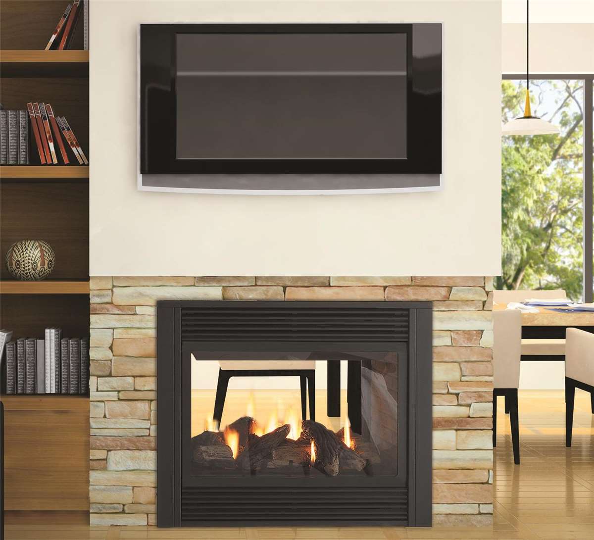 Panorama P121 see-through gas fireplace with black louvres.