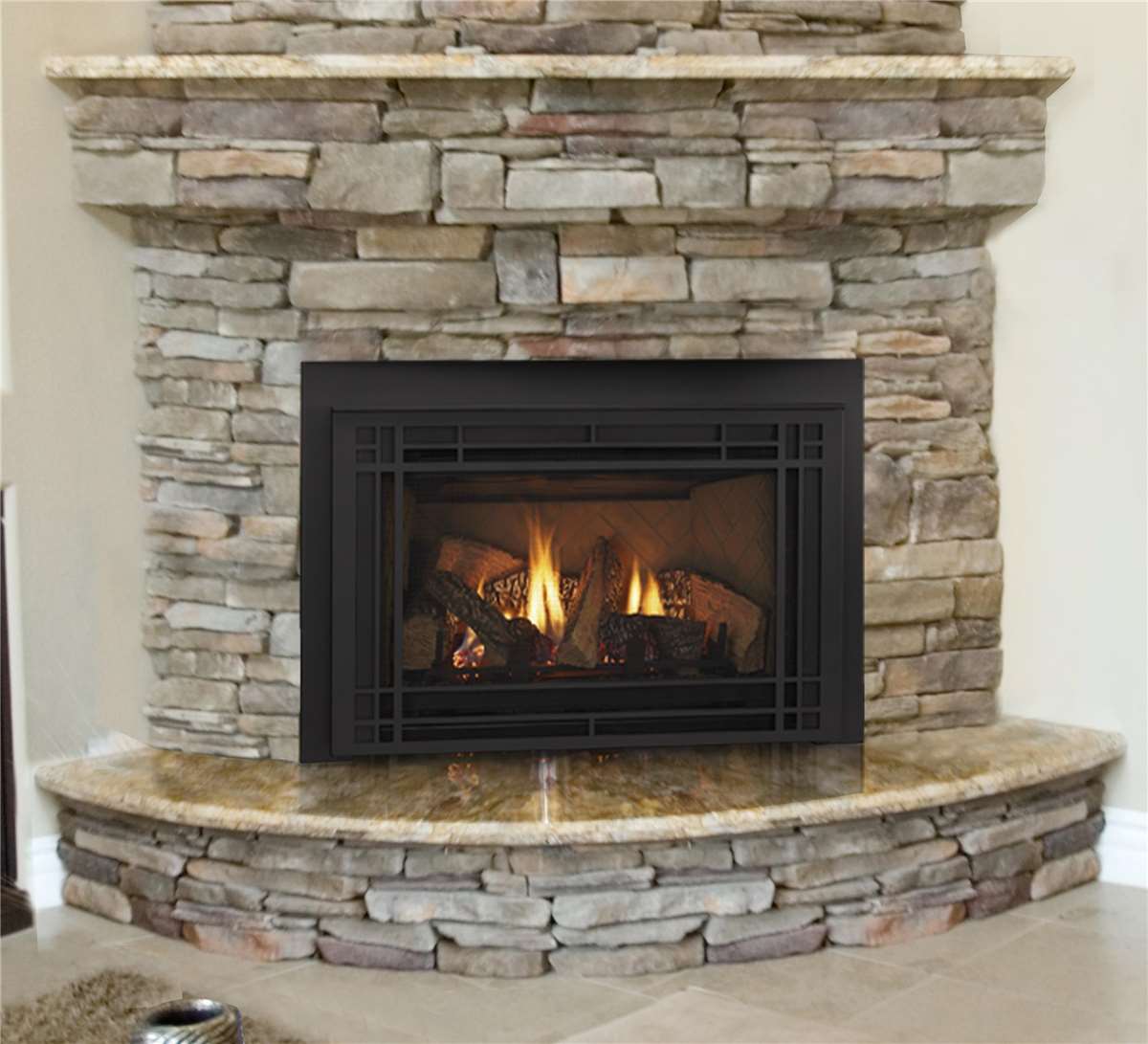 QFI35F direct vent gas insert shown with black Prairie-style firescreen front.  All fronts shown here are available in black and Sienna bronze.