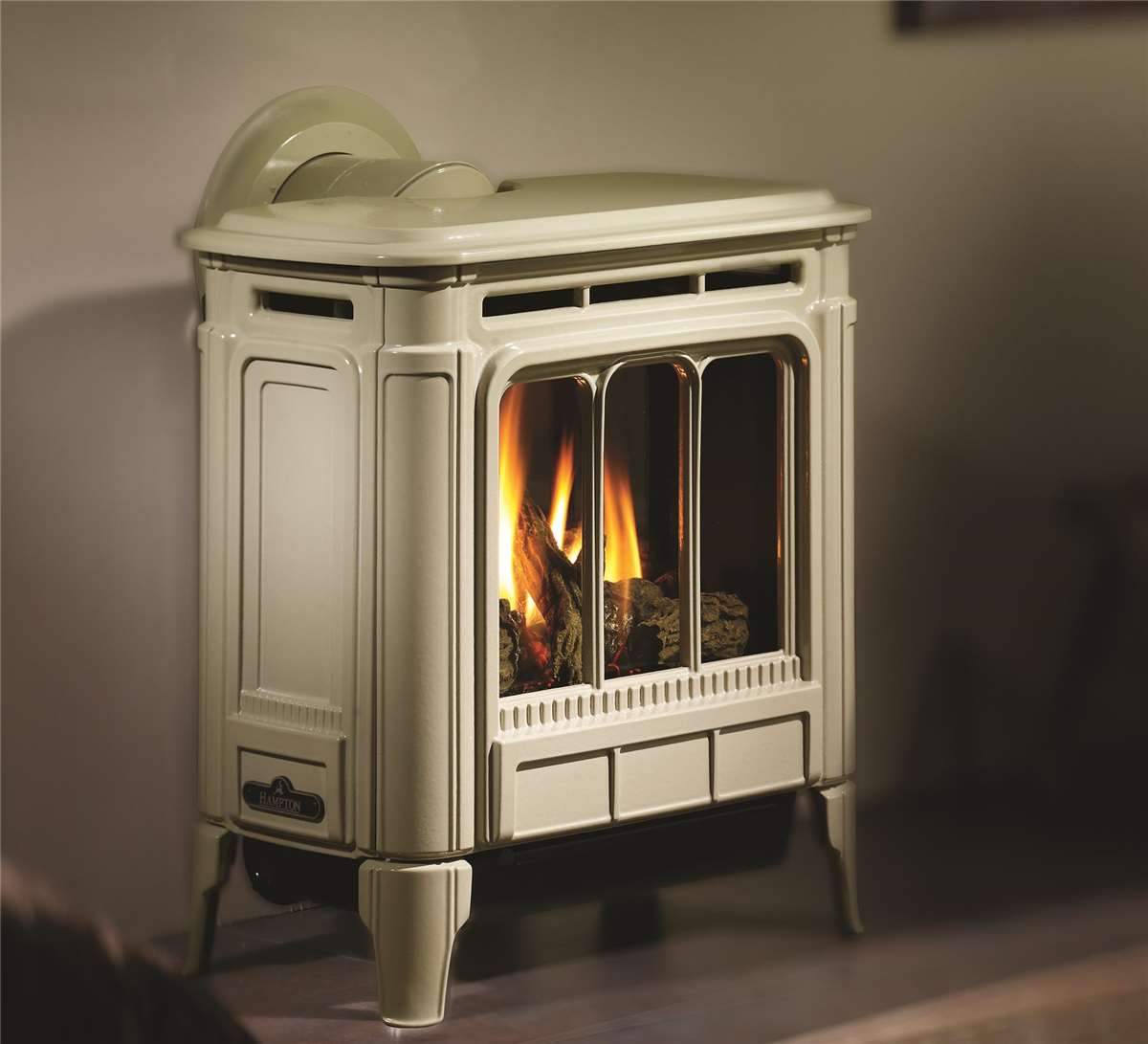 Hampton H27 gas stove in enamel seaside sand finish.