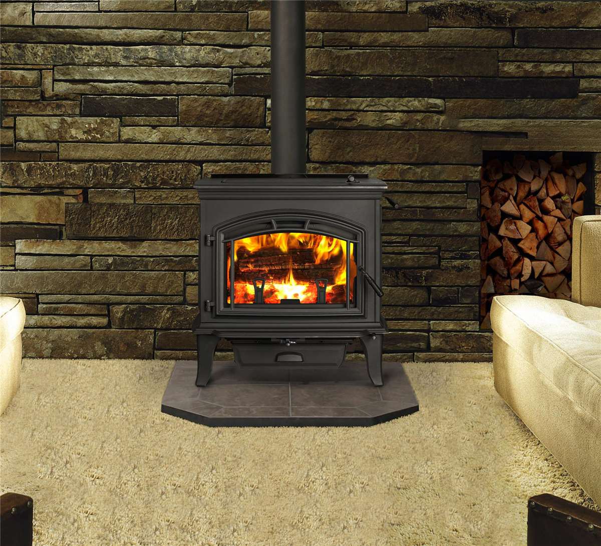 QuadraFire Explorer III wood stove shown in black.