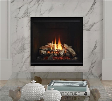 Regency Grandview G600EC traditional direct vent gas fireplace with birch log set and black inner panels.