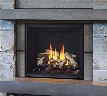 Regency Grandview G800EC traditional direct vent gas fireplace with volcanic black brick panels and birch log set.