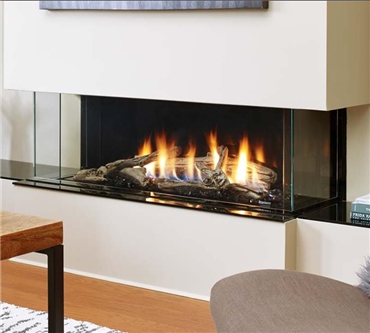 San Francisco Bay 40" direct vent multi-sided gas fireplace with custom installation, reflective glass panels, and driftwood log set.