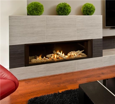 L2 Linear Series fireplace with Driftwood & 1 Inch Surround.