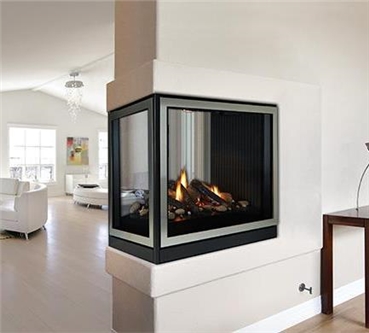 Tahoe Multi-Sided direct vent gas fireplace in peninsula configuration and clean face look.