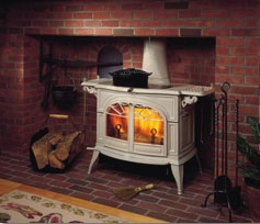 Vermont Castings Defiant FlexBurn wood stove in Biscuit finish.