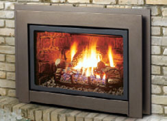 Capella IDV33LP direct vent propane fireplace insert, shown with LOGF35 split fiber oak log set, I33CVCV clean view kit, I33CVCV Copper Vein clean view kit and I33SSICV Copper Vein clean view surround, and IDV33RL refractory brick liner.