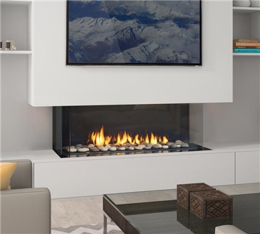 40" model with TV installed directly above the fireplace.