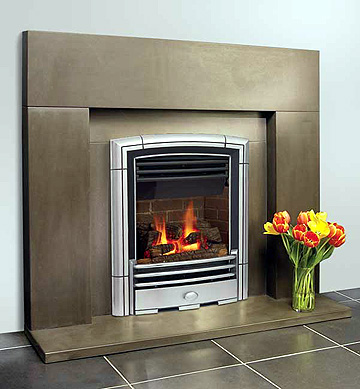 Bolero Polished Cast Front shown with Solus Span handcrafted concrete surround, mantel and hearth.