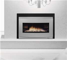 Heat-n-Glo Cosmo gas insert with Halo fog gray front, ceramic fibre stones, and reflective liner.