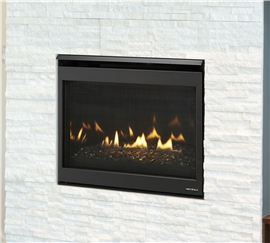 SL-550F (32") gas fireplace with black clean face front and reflective liner.