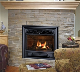 Horizon fireplace with traditional cast front.