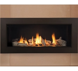 Long Beach Fire log set, black fluted liner, and optional safety screen.