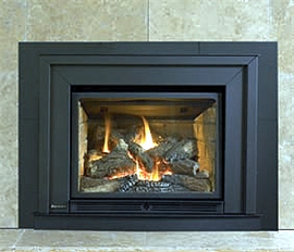 Liberty L234 gas insert shown with contour faceplate, optional hearth riser, optional customizable backing plate and optional brick panels.