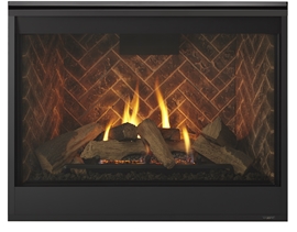 Meridian Platinum 42" gas fireplace with herringbone brick and mesh screen.