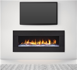 48" gas fireplace with crystal glass, The Dunes white modern logs, and black glass surround.