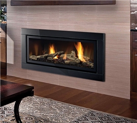 Verona black glass surround, driftwood log set, and black enamel reflective panels.