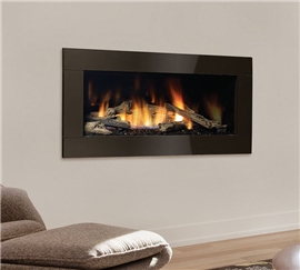 Verona chocolate glass surround, driftwood log set, and black enamel reflective panels.