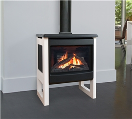 Madrona freestanding gas stove shown with logs.