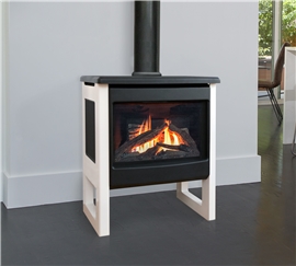 Madrona freestanding gas stove shown with logs.